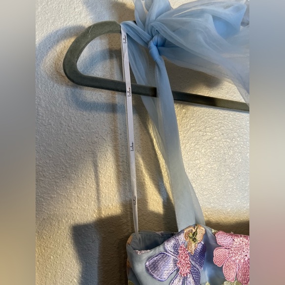 Lulus Light Blue and Colorful 3D Floral Applique Tie-Strap Bow Tulle Mini Dress - Picture 5 of 7